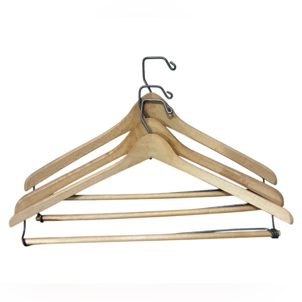 3 PC VINTAGE NATURAL WOODEN SUIT HANGERS W METAL HOOK & LOCKING TROUSER BAR